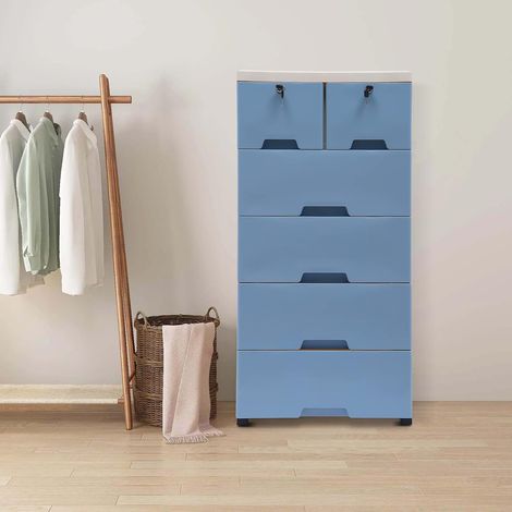 Commode de rangement sur pied, en plastique, table de chevet, étagère, tour de tiroir, armoire de salle de bain, armoire de rangement, commode de chevet, 6 tiroirs, avec 4 roues, bleue