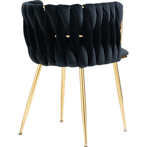 Lot de 2 chaises de salle à manger en velours noir, dossier tressé arrondi, piètement métal doré et assise rembourrée, pour salon ou chambre - CHICFURN (1/5)