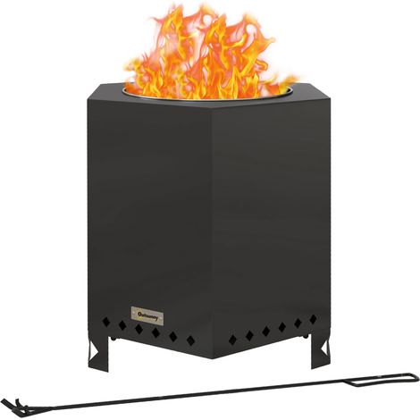 Feuerschale Feuerstelle Feuertonne, inkl. Schürhaken, 45 x 38,8 x 46,5 cm, Silber + Schwarz