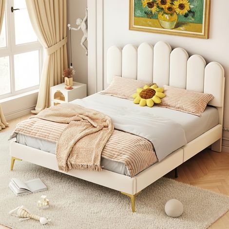 Letto matrimoniale 140x190 cm, con testiera regolabile, rete a doghe, piedini in metallo, velluto, per adulti e adolescenti - Beige