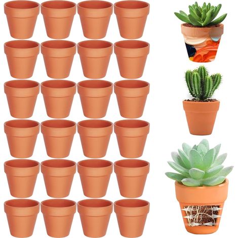 Lot de 24 Pots en Terre Cuite de 4 x 4.8 cm, Petits Pots en Argile avec Trou de Drainage, Mini Pot en Terre Cuite, Pot Terre Cuite Réutilisable pour Chambre Bureau (1/5)