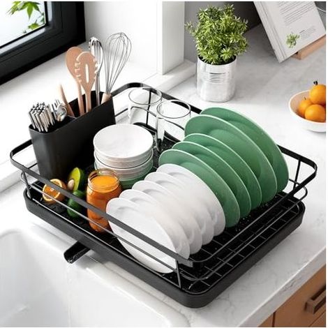 Egouttoir Vaisselle Cuisine - Egoutoire Compact et Gain de Place, Seche Vaisselle en Acier Inoxydable avec Porte-Couverts, 29,0 x 38,1 x 12,7 cm, Noir (1/5)