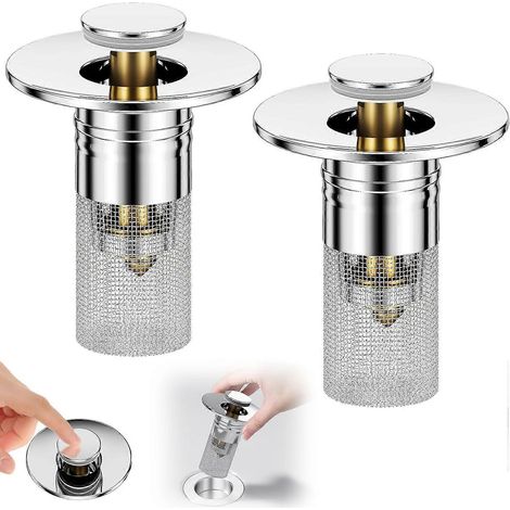 Bonde d'évier 3 en 1 avec récupérateur de cheveux, 2 bouchons d'évier escamotables en acier inoxydable avec panier pour salle de bain, cuisine et douche, bonde de fond à ressort. (1/5)