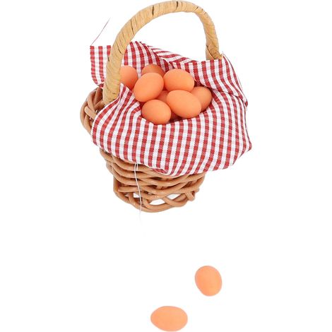 Panier à œufs miniature tissé à motif écossais rouge, très réaliste, avec anses. Décoration pour maison de poupée. (1/5)