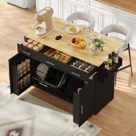 Isla de cocina móvil con encimera abatible, carrito de cocina con ruedas, 3 cajones grandes, 2 estantes con puertas y un cubo de basura, 136 × 50 (75) × 92 cm (1/5)