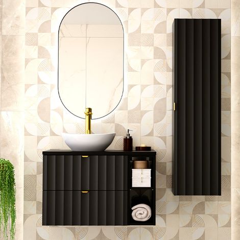 Ensemble meuble simple vasque 80cm 2 niches et colonne Lexa Noir (1/5)