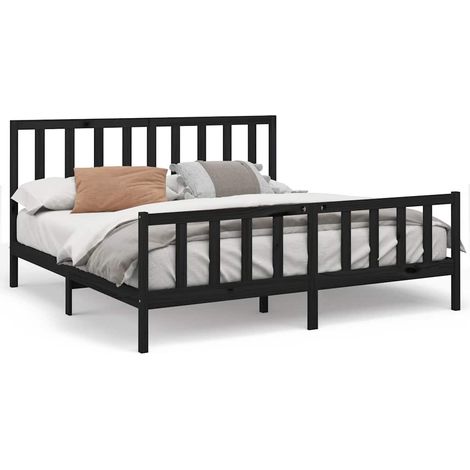 Lit adulte pour 2 personnes, Structure de lit, Assemblage Facile, Noir Bois de pin massif 200x200 cm OIB8483E (1/5)