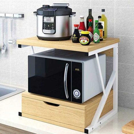 Scaffale Mensola Cucina Mobiletto Porta Microonde Cassetto Metallo Legno Beige (1/5)