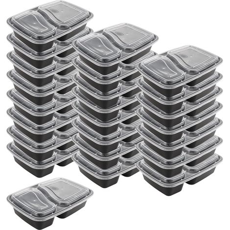 Boîte Repas - 1000 ml - 2 Compartiments - PP Sans BPA - Micro-ondes Congélateur - Noir - 25 Pièces