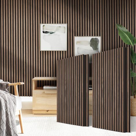 Panneaux acoustiques en placage bois 2,88 m² - 120 cm x 240 cm (Lot de 4 panneaux de 120 cm x 60 cm) Coloris : Noyer foncé Revêtement mural Panneaux acoustiques Panneaux muraux 3D (1/5)