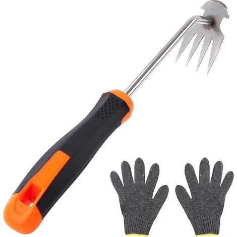 Manual Weed Remover, Gardening Tools Manual Weeder Tools, Weed Puller with Gloves, Stainless Weed Extractor, for Garden (4 Teeth)