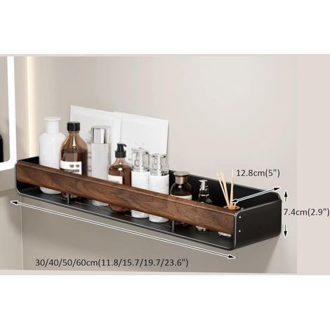 Étagère de rangement de salle de bain en aluminium et bois massif avec garde-corps, étagère de salle de bain murale amovible, gain de place (40 cm) (1/3)