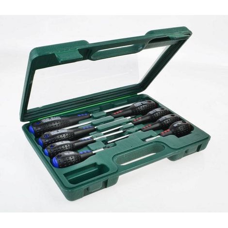 Juego de 8 Destornilladores Jonnesway, ideal para mantenimiento y reparación, mangos ergonómicos, puntas magnéticas, estuche organizado, acero de alta resistencia.