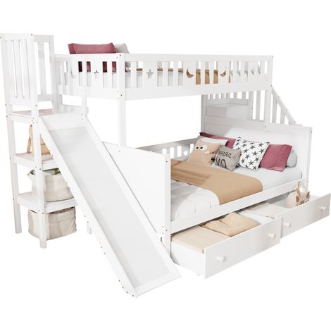 Lit superposé enfant bois massif blanc 90x200/140x200 cm avec toboggan, échelle étagère, 2 tiroirs et sommier (1/5)