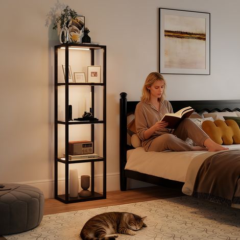 Lampe sur pied RGB avec étagères en verre - lampe LED 4 niveaux avec télécommande - noir - synchronisation musicale - Moderne