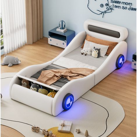 Lit enfant rembourré voiture 90x200 cm, PU blanc, avec roues lumineuses et coffre de rangement (1/5)