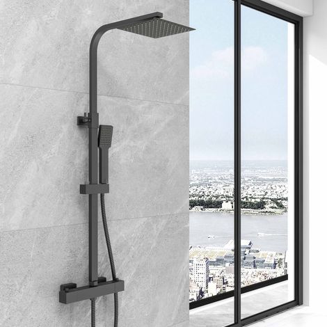SKY Bathroom Thermostatic Shower Mixer Set Black Square Exposed Valve Bar Twin Head Kit