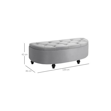 Banc coffre gris en bois d'hévéa avec assise rembourrée et rangement, revêtement effet velours, pour chambre, entrée et salon (1/5)