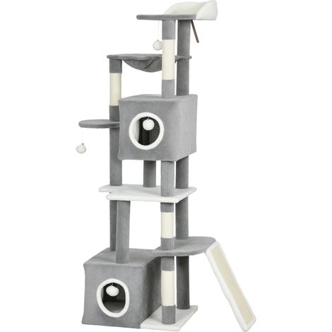 Arbre à chat tour de jeux pour chats centre d'activités 2 niches plateformes hamac échelle et 4 pompons 165 cm gris
