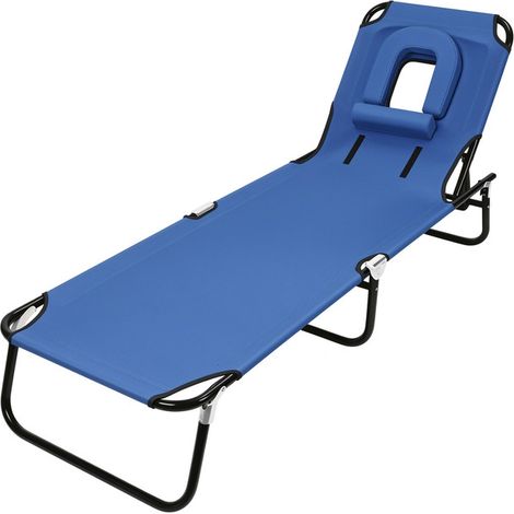 FIANAO - Transat - Chaise longue pliante - Dossier réglable 4 positions - Coussin amovible - Ouverture pour le visage - 189×56×27 cm - Bleu (1/5)