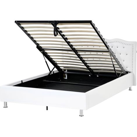 Cama con almacenaje de piel sintética blanco plateado negro 140 x 200 cm cabecero botones Metz (1/5)