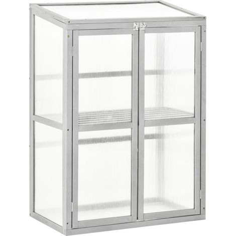 Wooden Cold Frame Greenhouse Polycarbonate Garden Grow House for Flower Vegetable Plants with Adjustable Shelf, Double Doors, 76 x 47 x 110cm, Light Grey