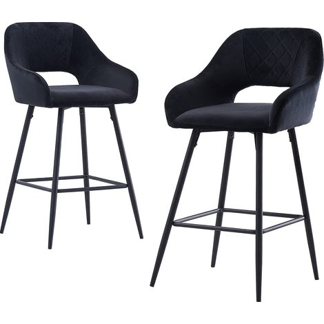 AINPECCA 2pcs Black Bar Stool Velvet Seat w/Backrest &Armrest Metal Leg Kitchen Breakfast