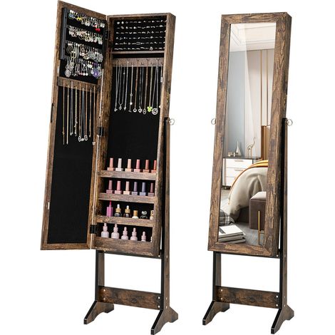 Mobile portagioielli indipendente 35 x 30 x 144 cm con specchio angolato 3 posizioni regolabili design moderno in MDF marrone 200018778