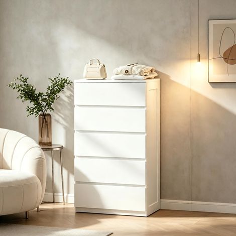 Commode 60x39x100 cm en panneaux de bois blanc, avec rangement gain de place pour salon FloraGrace (1/5)