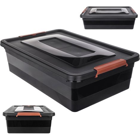 KADAX Boîte de rangement avec couvercle, boîte à jouets, boîte de rangement en plastique robuste avec fermeture à clic, noir, 28 l (1/5)