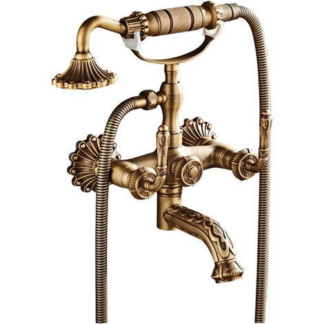 Robinet de cuisine Ensemble de robinets de douche de baignoire en laiton antique, ensemble de douche de bain mural, bec de baignoire pivotant, douche de bain, robinet mitigeur sculpté à double command (1/4)