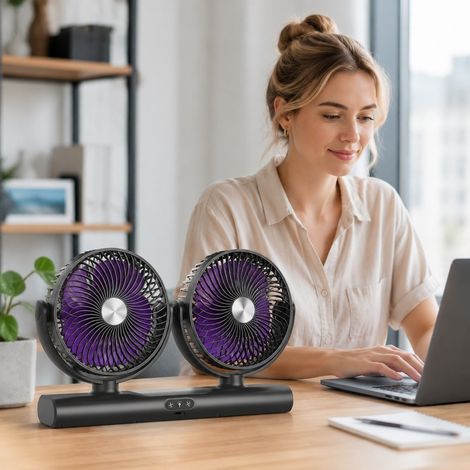 Ventilateur Bureau Double Tête 38,5 x 7,5 x 22,5 cm PP Gris Violet 3 Vitesses (1/5)