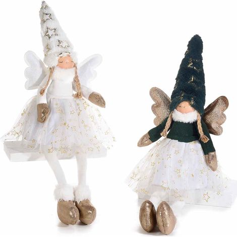 Angeli di Natale in stoffa con gonna in tulle a stelle dorate, cappello e dettagli dorati lucidi, set da 2 pezzi, cm 17x10x29 H (capp.esteso)