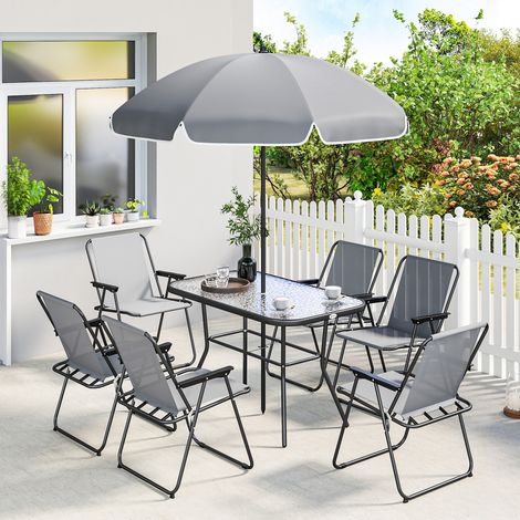 Salon jardin extérieur 8 pièces table extérieure 6 chaises pliantes parasol plateau verre trempé, gris