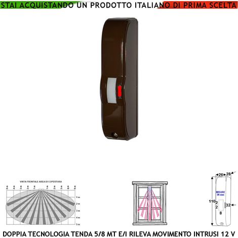 Evita Furto Doppia Tecnologia Tenda Marrone Portata 5 MT Antifurto Esterno Vano Finestra Interno Corridoio Scala Rileva Intrusi Ladri Invia Allarme Balcone Aliment. 12 V Assorb. 10 mA Cover ABS IP44 (1/4)