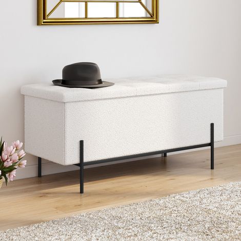 Banco de almacenaje LOUIS con patas de metal negro 100 cm tejido de rizo blanco (1/5)