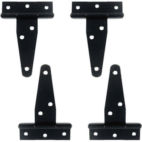 Quatre charnières en forme de T, charnières décoratives, convenant aux portes, clôtures, armoires, abris de jardin, etc. Charnières en forme de T avec vis de fixation, noires, de 7,5 cm de long. (1/3)