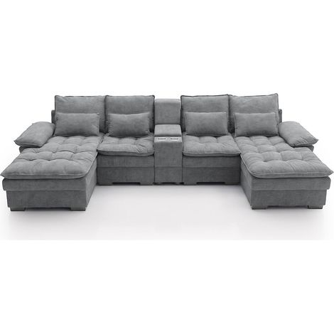 Sofa Doble Chaise Longue Stefano Gris + Portavasos 320cm, Gris
