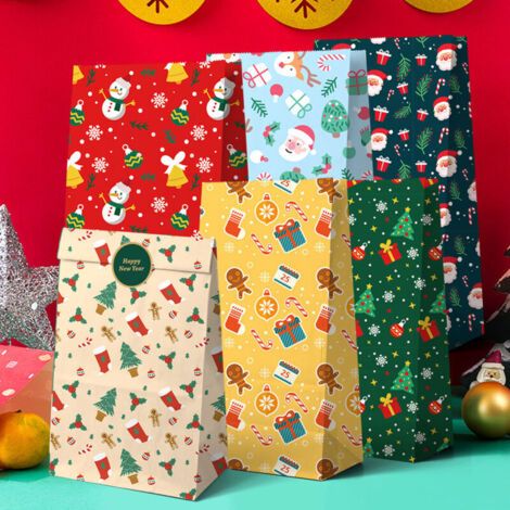BUNTHAUS 12 sacs cadeaux de Noël 21,8 x 11,9 cm – Motifs bonhomme de neige, pain d'épices, Père Noël et sapin  Cadeaux de fête en papier kraft pour les fêtes