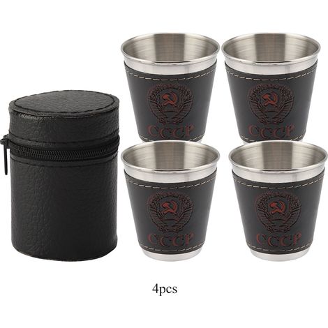 4 Pièces Gobelet à Vin Miniature en Acier Inoxydable 70ml avec Étui en Cuir pour Voyage Pique-nique