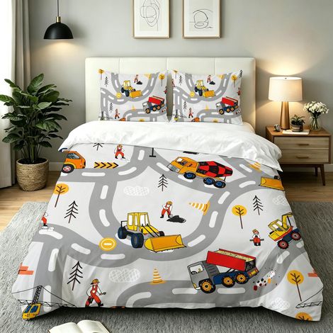 Housse de Couette 140x200 Voiture de Dessin Animé Grise, Parure de Lit 1 Personne en Microfibre, 3 Pièces Douce Pelleteuse Jaune Ensemble de Literie avec 2 Taies d'oreillers 65x65 cm (1/5)