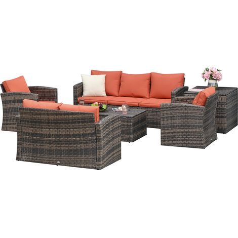 Set Salotto da Giardino 2 Divani 2 Poltrone Tavolino e Contenitore in Rattan Marrone e Arancione