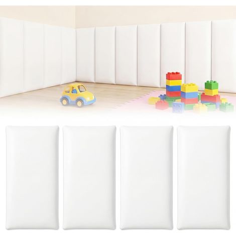 Lot de 4 panneaux muraux 3D, 20 x 40 cm, revêtement mural autocollant - En polyuréthane imperméable - Coussin mural rembourré - Pour chambre à coucher, chambre d'enfant - Blanc (1/5)