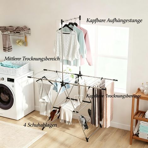 Étendoir linge pliable acier inoxydable, 5 niveaux réglables, 4 porte-chaussures, balcon salle de bain buanderie, 5 niveaux, coloris argent (1/5)