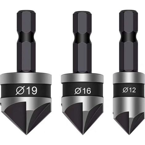 Set aus 3 konischen Bohrern mit 6,35 mm Sechskantschaft, 5 Schneiden, 90°-Spitze, 12 mm, 16 mm, 19 mm für Holzbearbeitung, Bohren von Holz und Weichmetallen (schwarz) (1/4)