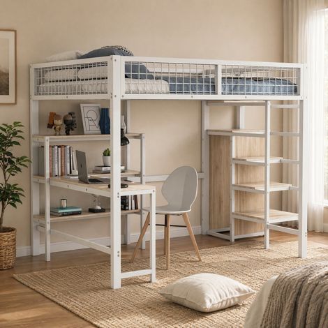 Letto a soppalco 140x200 con scrivania e armadio OKMYHOME (1/5)