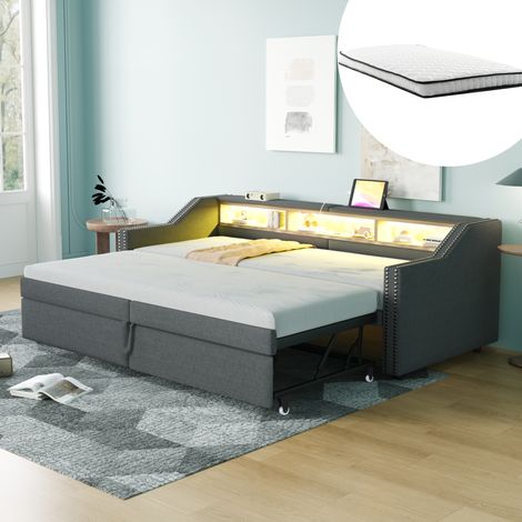 Cama tapizada extensible 90/180 x 200 cm gris oscuro con almacenaje, LED, USB y somier de láminas (1/5)