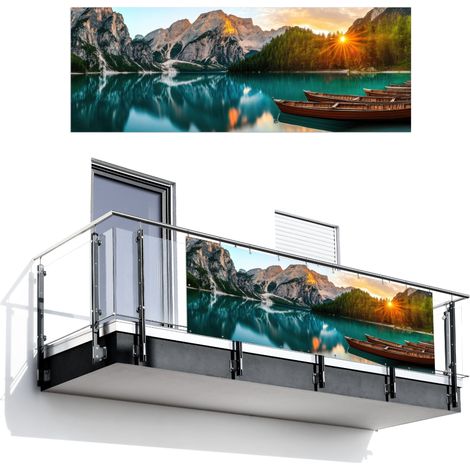 BRISE-VUE POUR BALCON Lac - Montagnes - Coucher de soleil - Bateau 300x110 cm (1/4)