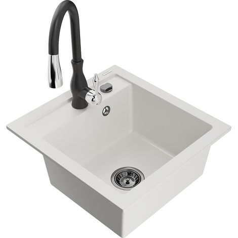 Mexen Vito lavello in granito 1-vasca con rubinetto da cucina Savita, bianco - 6503-20-672601-70 (1/5)