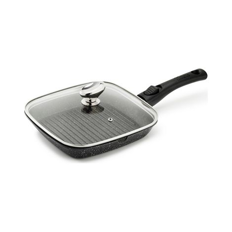 Poêle Grill PREMIUM 24 x 24 CM Fonte d'Aluminium Manche Amovible avec Couvercle en Verre - Pradel
